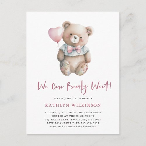 Pink Teddy We Can Bearly Wait Girl Baby Shower Invitation Postcard