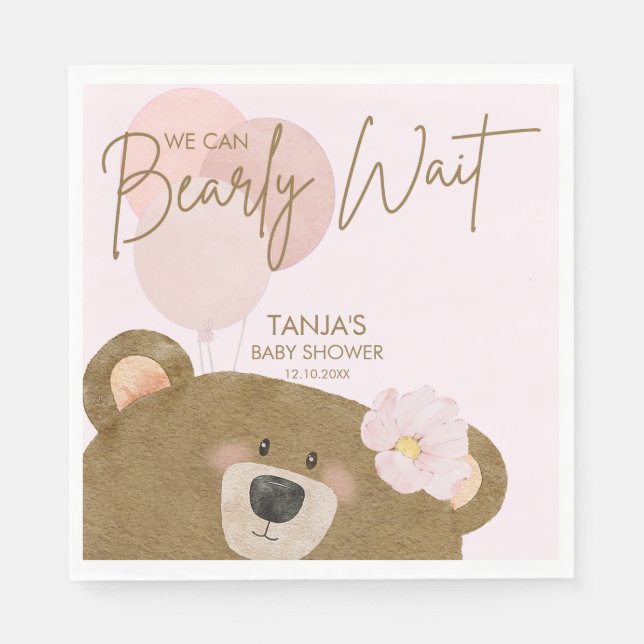 Pink Teddy We Can Bearly Wait Girl Baby Shower Napkins (Front)