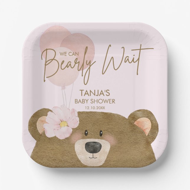 Pink Teddy We Can Bearly Wait Girl Baby Shower Paper Plates (Front)