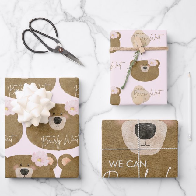 Pink Teddy We Can Bearly Wait Girl Baby Shower Wrapping Paper Sheets (Front)