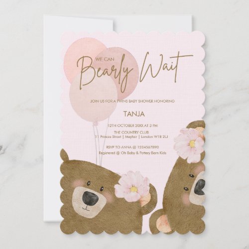 Pink Teddy We Can Bearly Wait Twins Baby Shower Invitation