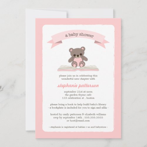 Pink Teddybear Bring a Book Baby Shower Invitation