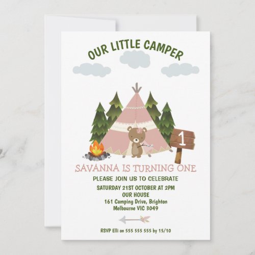 Pink Teepee Bear Our Little Camper 1st Birthday Invitation