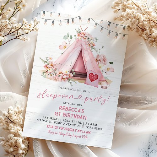 Pink Teepee Sleepover Tent Outdoor Birthday Invitation