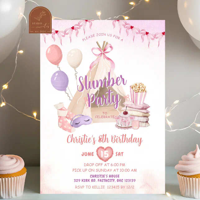 2個セット Pink Teepee Sleepover Tent Slumber Party Birthday Invitation | Zazzle