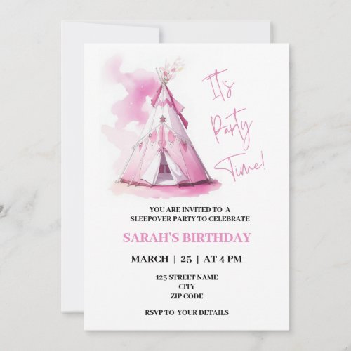 Pink Teepee sleepover themed birthday invitation