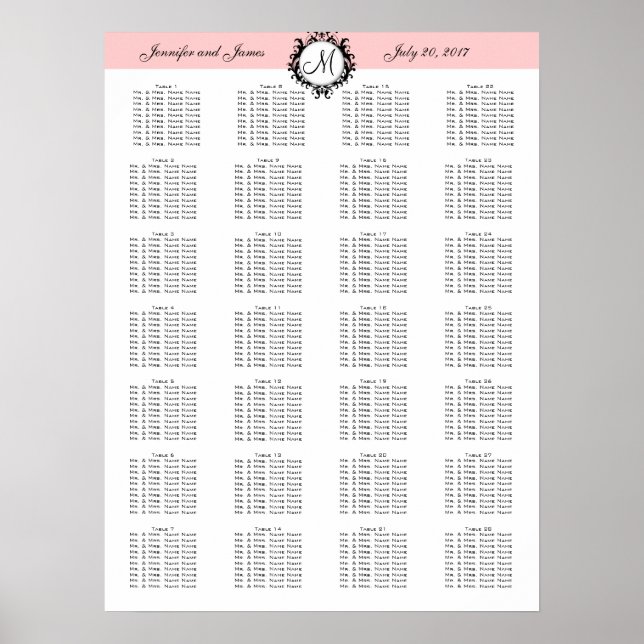 Pink Template Wedding Seating Chart 280 Guests (Front)