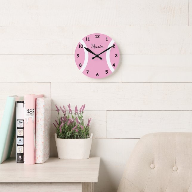 Pink tennis ball sport wall clock with custom text (Reading Room)