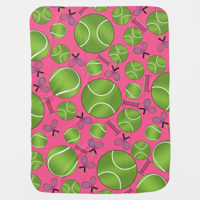 Pink tennis balls rackets and nets baby blanket (Front)