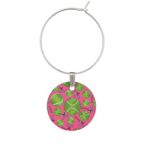 Pink tennis balls rackets and nets wine glass charm