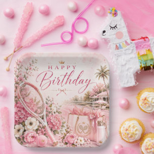 Pink Tennis Birthday Floral Watercolor Paper Plates