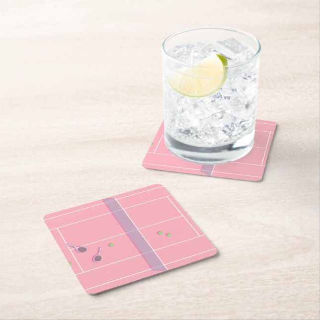 Pink Tennis Court Preppy Modern Tennis Player    Square Paper Coaster (Insitu)