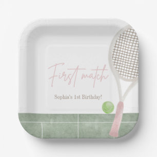 Pink Tennis First Birthday Girl Preppy Classic Paper Plates