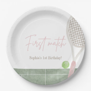 Pink Tennis First Birthday Girl Preppy Classic Paper Plates