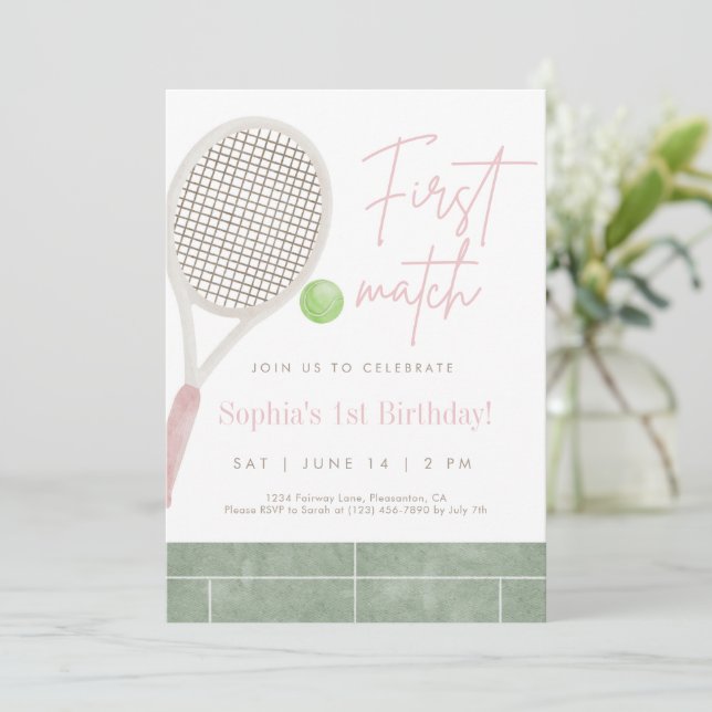 Pink Tennis First Birthday Party Invitation (Standing Front)