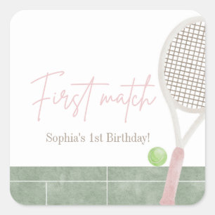 Pink Tennis First Birthday Preppy Classic Party  Square Sticker
