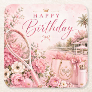 Pink Tennis Happy Birthday Floral Watercolor Square Paper Coaster