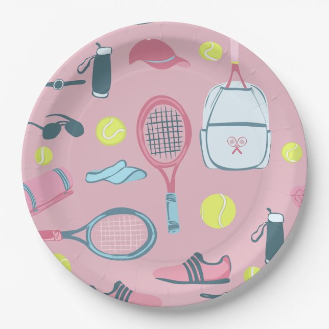 pink tennis racket ball court equipment paper plates (Front)