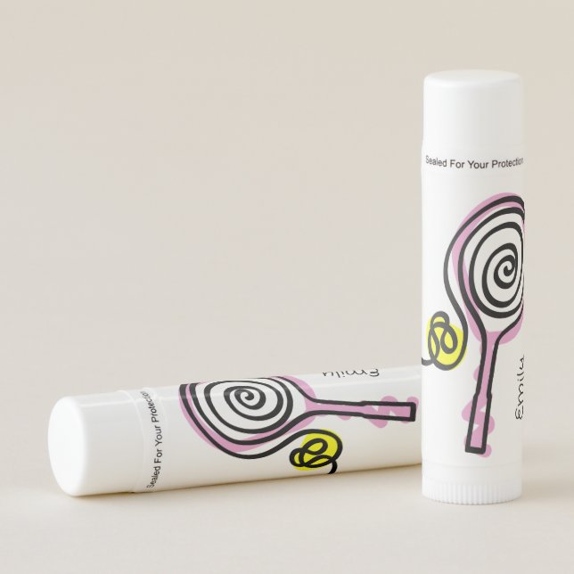 Pink tennis racket drawing custom lip balm stick (Front)