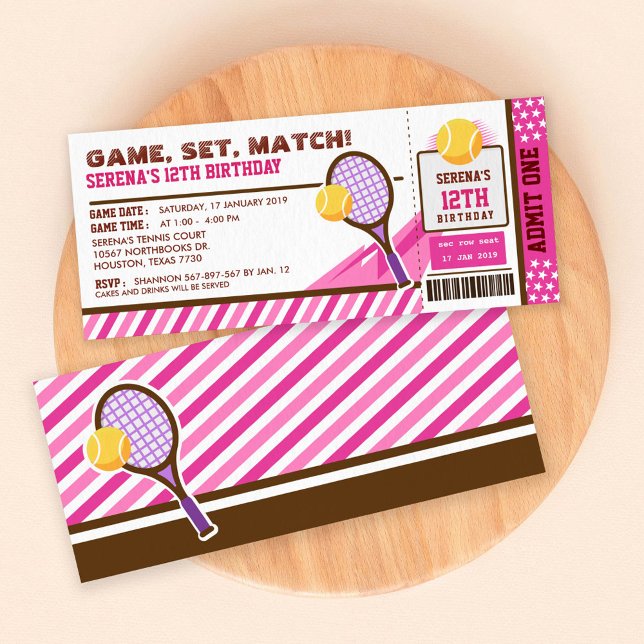 Pink Tennis Ticket Pass Birthday Party Invitation (Creator Uploaded)