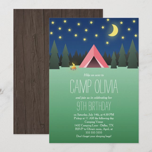 Pink Tent Under the Stars Birthday Camping Invitation (Front/Back)