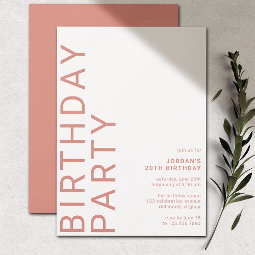 Pink Terracotta Modern Typography Any Age Birthday Invitation