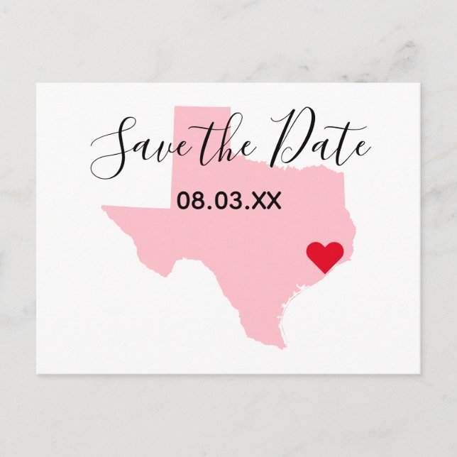 Pink Texas Red Heart Save the Date Announcement Postcard (Front)