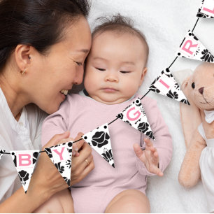Pink Text Black Floral Patten Baby Girl Bunting Flags