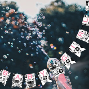 Pink Text Black & White Floral Pattern Baby Girl Bunting Flags