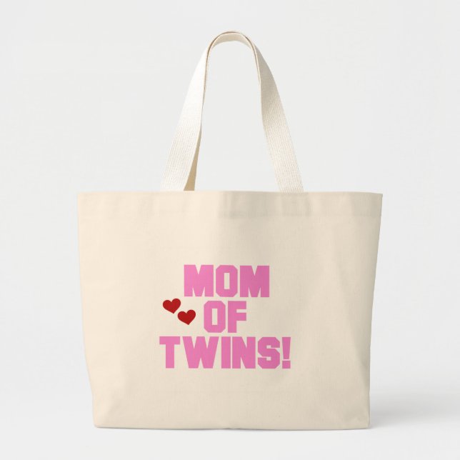 Pink Text Mom of Twins Large Tote Bag (Front)