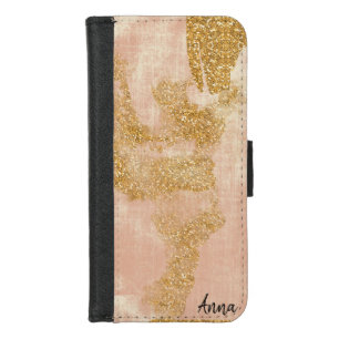 *~* Pink Textured Gold Glitter Grunge Golden iPhone 8/7 Wallet Case