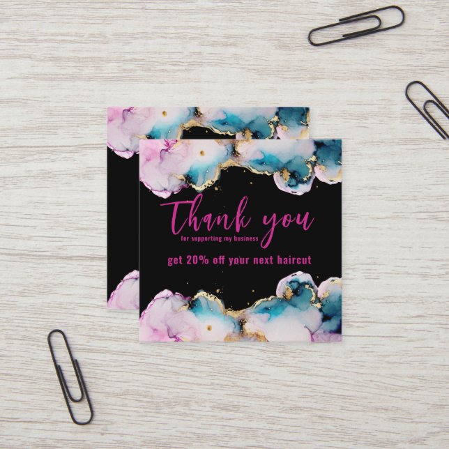 Pink Thank You Abstract Black Elegant Business  Square Business Card (Front/Back In Situ)