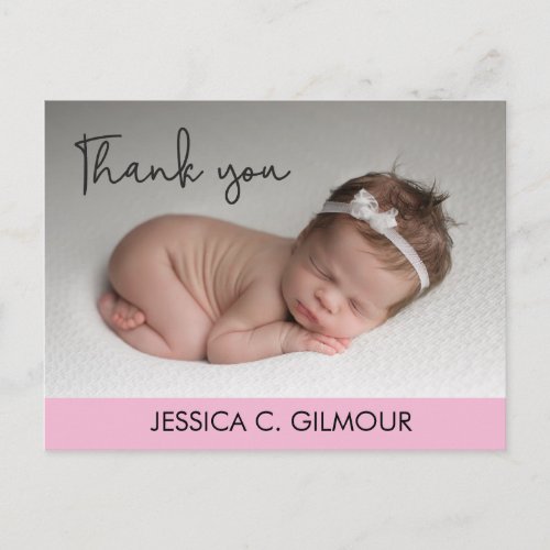 Pink Thank You Baby Birth Announcement Script text Postcard