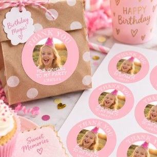 Pink Thank you Birthday Girl Photo Classic Round Sticker