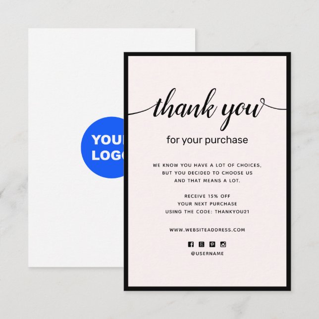 Pink Thank you For your Purchase Note Card (Front/Back)