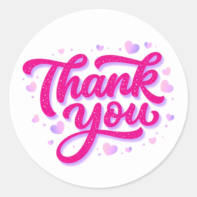 Pink Thank You Glitter Sticker with Hearts (Front)