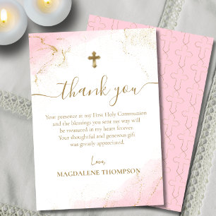 Pink Thank You Gold Cross Girl First Communion Card