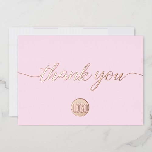 Pink Thank you Script Custom Logo Rose Gold  Foil Holiday Card