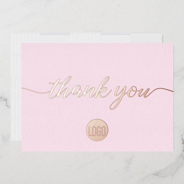 Pink Thank you Script Custom Logo Rose Gold  Foil Holiday Card (Envelope)