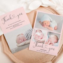 Pink thank you script heart 4 photos baby birth announcement