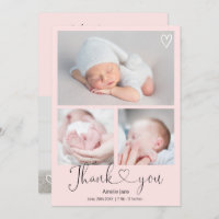 Pink thank you script heart 4 photos baby birth announcement