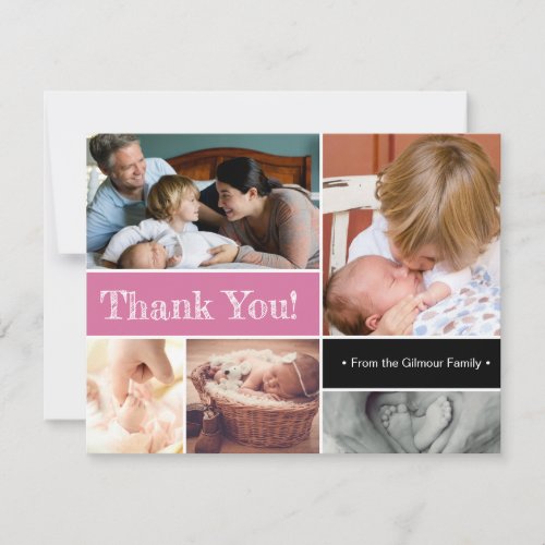 Pink Thank You Second baby birth photo collage Announcement