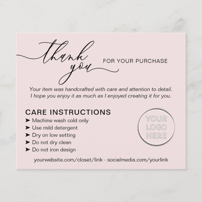 Pink Thank you Washing Care Instructions Advice Flyer