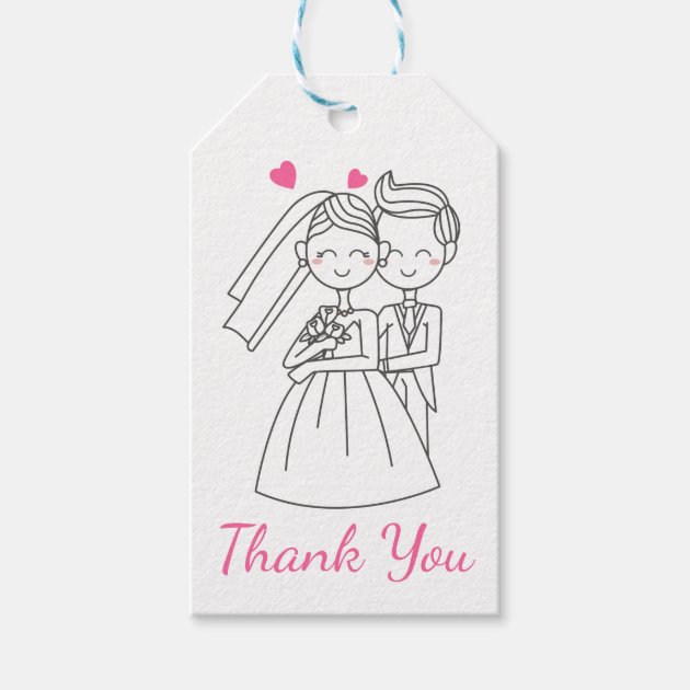 Pink Thank You Wedding Bride & Groom Cartoon Gift Tags