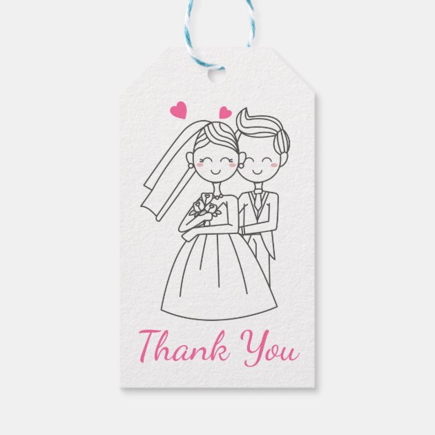 Pink Thank You Wedding Bride & Groom Cartoon Gift Tags