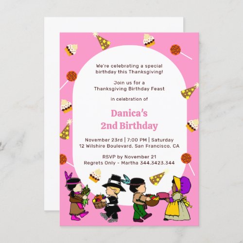 Pink Thanksgiving Birthday Kids Party Invitation