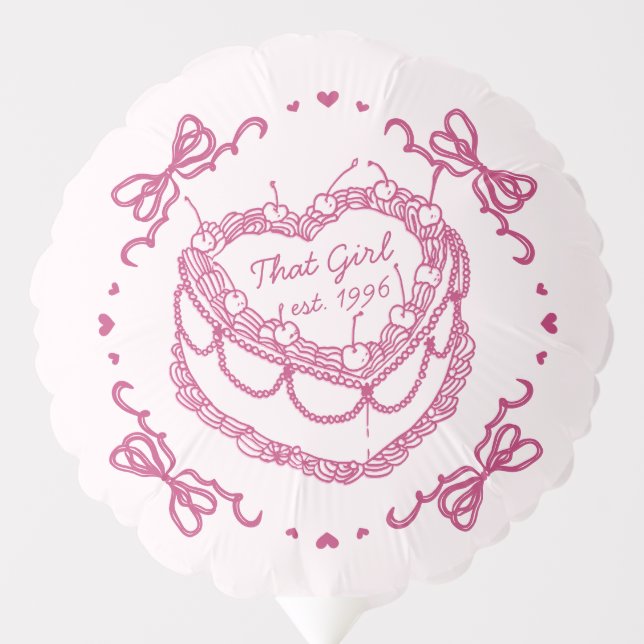 Pink That Girl Heart Coquette Cherry Cake Birthday Balloon (Front)