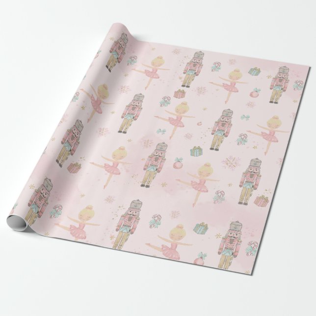 Pink The Nutcracker Christmas Ballet Decoupage Wrapping Paper (Unrolled)