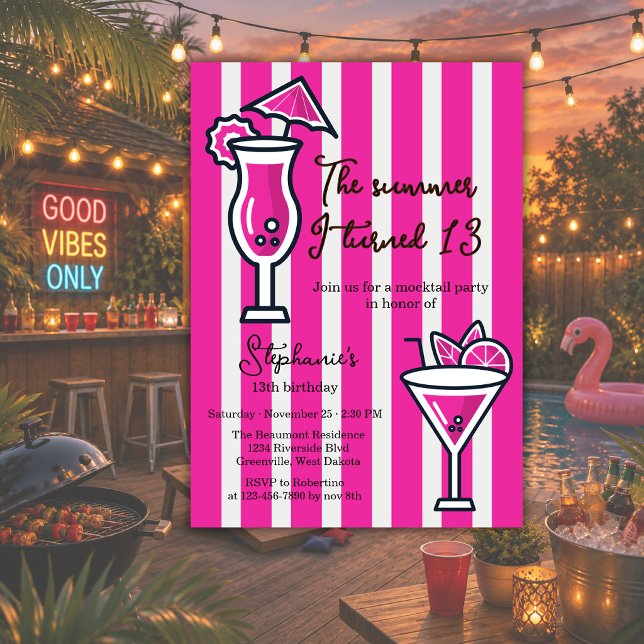 Pink The Summer I Turned 13 Mocktail Birthday Invitation (Creator Uploaded)
