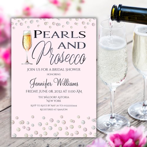 Pink Theme Pearls and Prosecco Bridal Shower Invitation